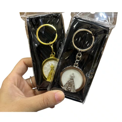 Chaveiro de Metal com Caixinha Aparecida Redonda Branca Dourada - 6 unidades