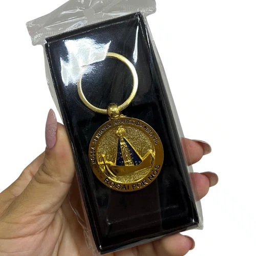 Chaveiro de Metal com Caixinha Aparecida Redonda Dourada - 6 unidades