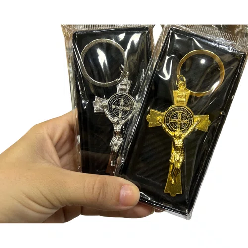 Chaveiro de Metal com Caixinha Cruz São Bento Prata - 6 unidades