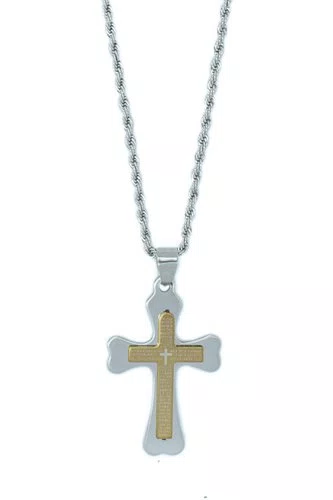 Corrente Aço Inoxidável com Crucifixo Pai Nosso Amarelo