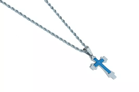 Corrente Aço Inoxidável com Crucifixo Pai Nosso Azul