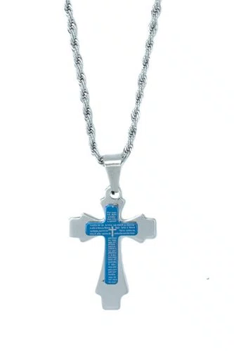 Corrente Aço Inoxidável com Crucifixo Pai Nosso Azul