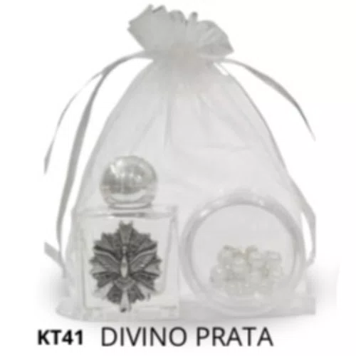 Kit Porta Água Benta + Porta Terço + Dezena - Divino Prata