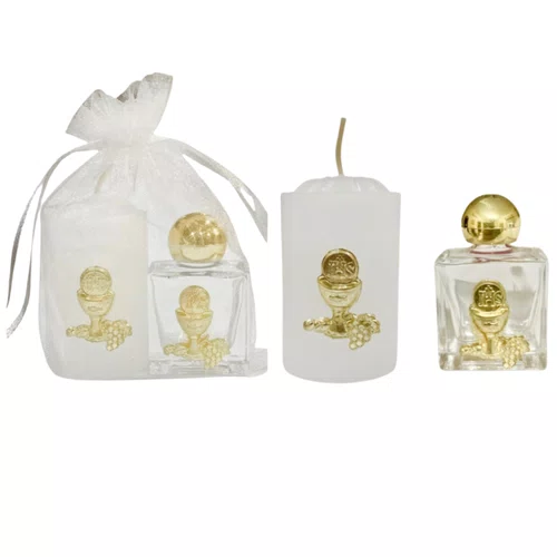 Kit Vela Votiva + Porta Água Benta Eucaristia - Dourado