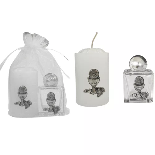 Kit Vela Votiva + Porta Água Benta Eucaristia - Prata