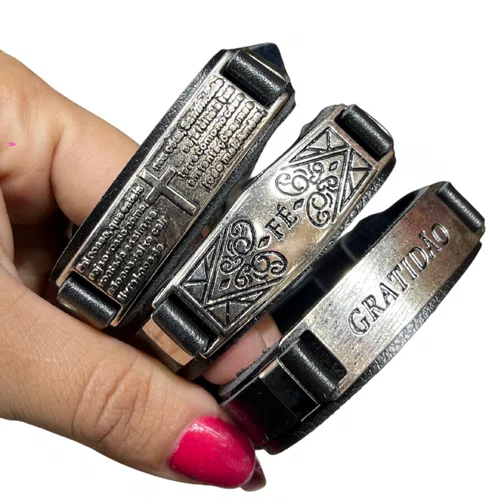 Pulseira de Couro - Placa Fé