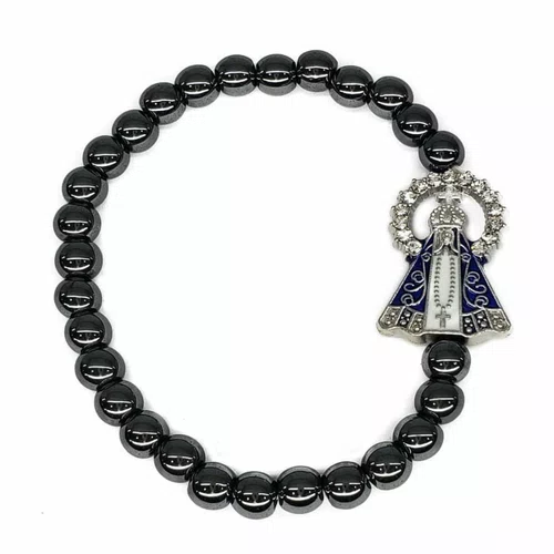 Pulseira de Hematita Elástico com Medalha Aparecida Azul - 6 unidades