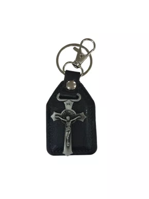 Chaveiro de Bronze com placa de Couro Cruz São Bento - 6 Unidades