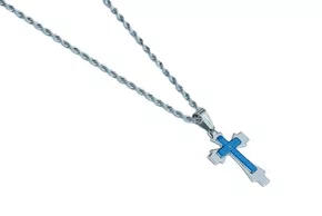 Corrente Aço Inoxidável com Crucifixo Pai Nosso Azul