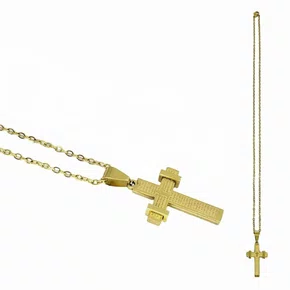 Corrente aço Inoxidável Fina Cruz Pai Nosso - Dourada