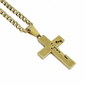 Corrente aço Inoxidável Grossa Cruz Pai Nosso - Dourado