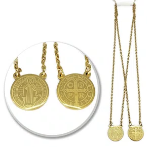 Escapulário de Aço Inoxidável Dourado São Bento