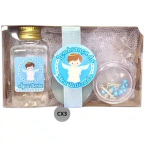 Kit Batismo: Água + Vela + Terço - Azul