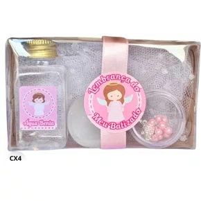 Kit Batismo: Água + Vela + Terço - Rosa