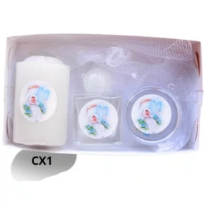 Kit Batismo Cx: Vela Votiva + Vidro P 10ml + Porta Terço com Dezena - Azul