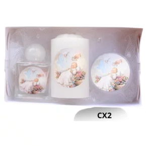 Kit Batismo Cx: Vela Votiva + Vidro P 10ml + Porta Terço com Dezena - Rosa