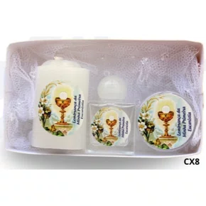 Kit Eucaristia Cx: Vela Votiva + Vidro P 10ml + Porta Terço com Dezena