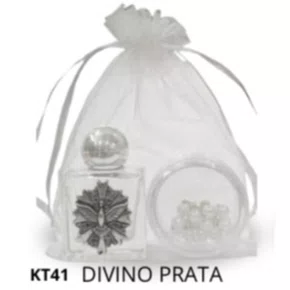 Kit Porta Água Benta + Porta Terço + Dezena - Divino Prata