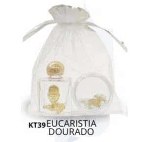 Kit Porta Água Benta + Porta Terço + Dezena - Eucaristia Dourado