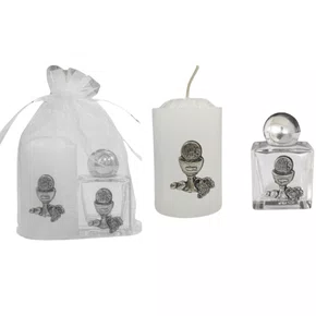 Kit Vela Votiva + Porta Água Benta Eucaristia - Prata