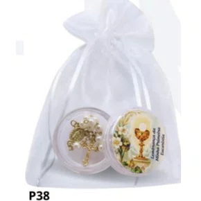 Lembrança Eucaristia: Porta Terço Acrílico + Mini Tercinho - P38