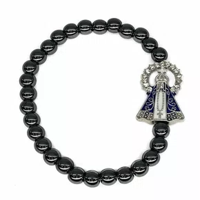 Pulseira de Hematita Elástico com Medalha Aparecida Azul - 6 unidades