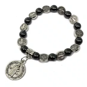 Pulseira de Hematita Elástico com Medalha São Bento - 6 unidades