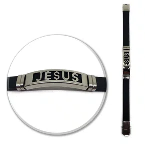 Pulseira Silicone Aço Inoxidável Jesus Prata